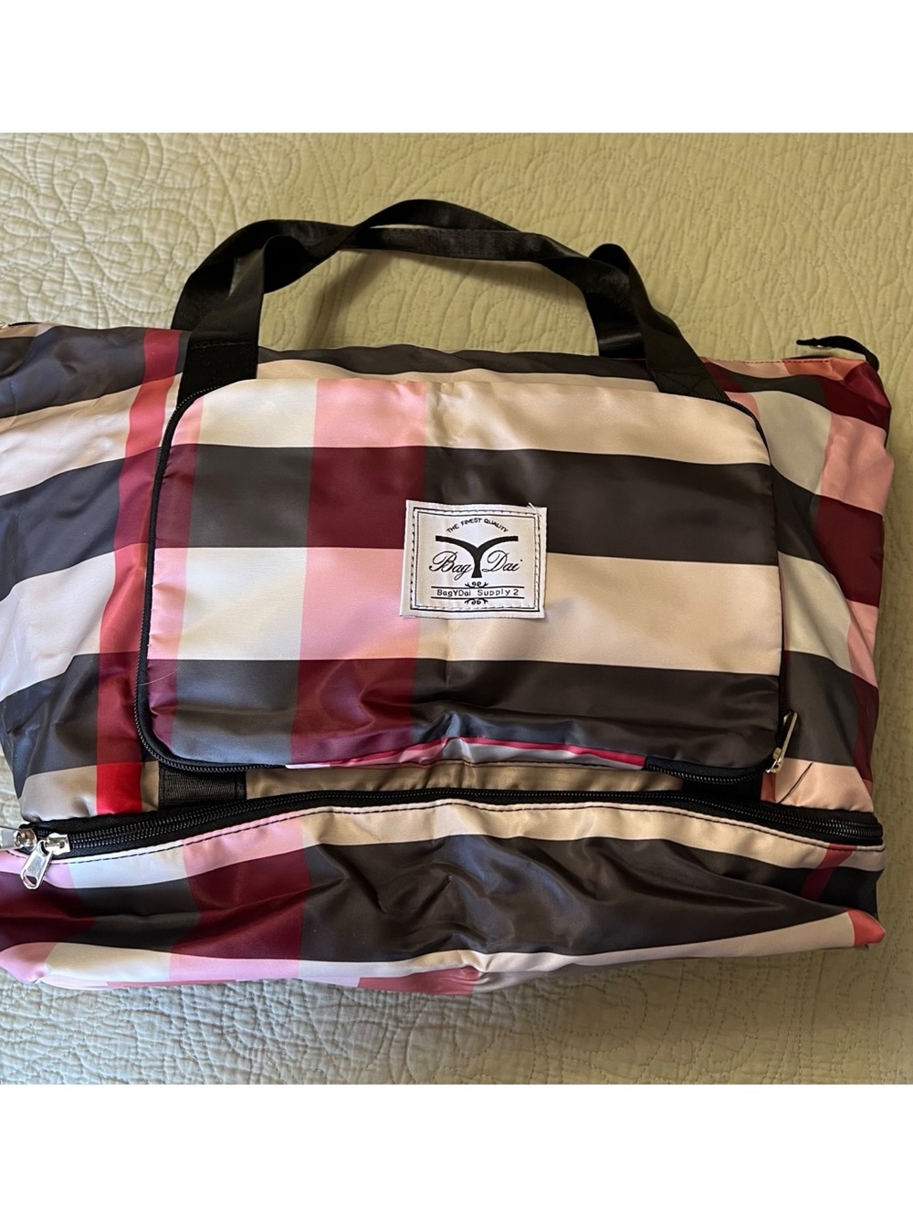 BagYDai Plaid Weekender Tote in Pink, Burgundy, Gray and Taupe